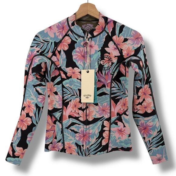Billabong Peeky Wetsuit Jacket Nights In Paradise Sz Large Floral Zip Front Surf - Picture 1 of 10